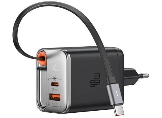 Mcdodo CH-4281 40W GAN USB C Retractable Cable Fast Portable Charger, PD 3.0 Power Adapter Compatible For Tablets, Game Consoles, Speakers, Cellular Phones, Headphones, Smartwatches, Laptops - Black